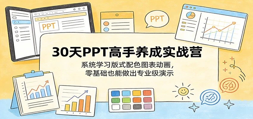 【精】30天PPT高手养成实战营：系统学习版式配色图表动画，零基础也能做出专业级演示