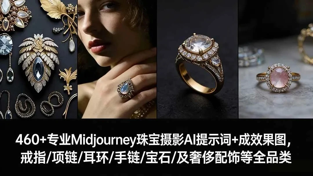 460+专业Midjourney珠宝摄影AI提示词+成效果图,戒指/项链/耳环/手链/宝石/及奢侈配饰等全品类 460+专业Midjourney珠宝摄影AI提示词+成效果图,戒指/项链/耳环/手链/宝石/及奢侈配饰等全品类
