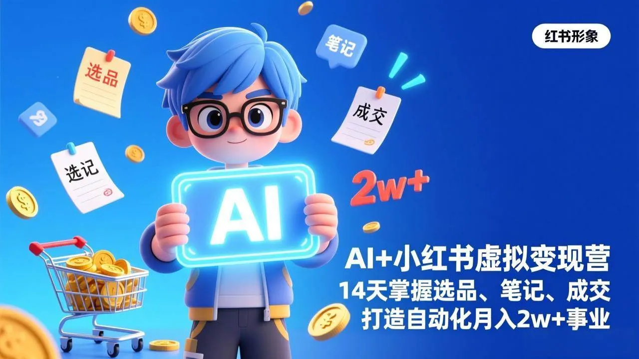 【精】AI+小红书虚拟变现营（完结），14天掌握选品、笔记、成交，打造自动化月入2w+事业