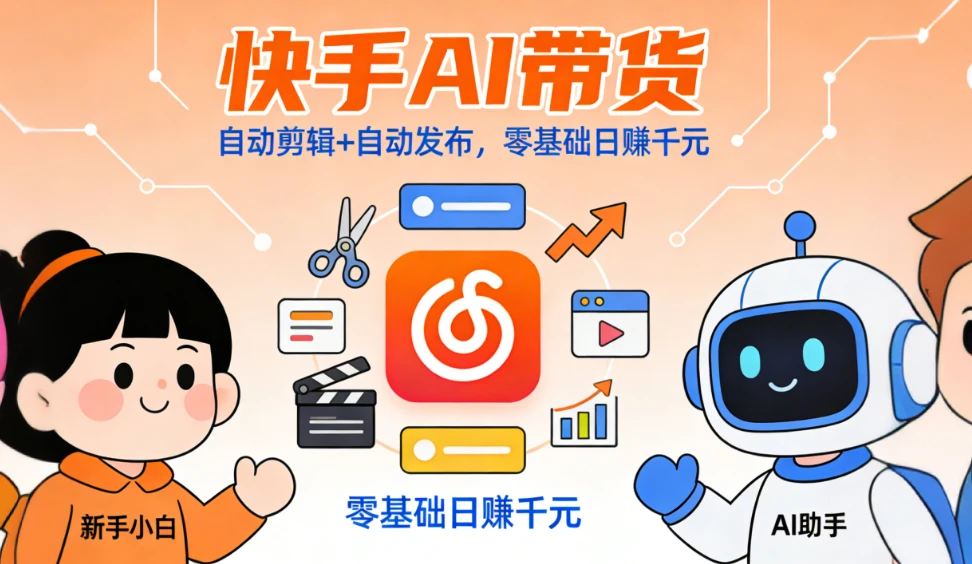 快手ai带货，全程ai自动剪辑，自动发布，小白直接上手，日入四位数