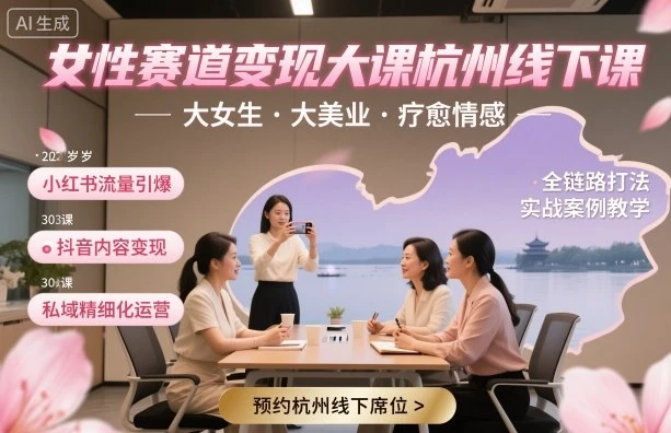 【精】女性赛道变现大课杭州线下，大女生，大美业，疗愈情感，一套小红书、抖音、私域全链路打法
