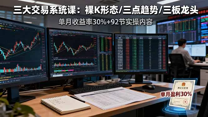 【精】三大交易系统课：裸K形态/三点趋势/三板体系，单月收益率30%+92节实操内容