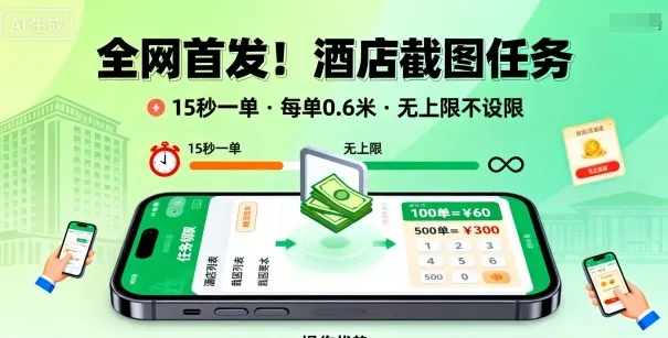全网首发!酒店截图任务,15秒一单,每单0.6米,任务无上限不设限,矩阵操作单日3张到手【揭秘】 全网首发!酒店截图任务,15秒一单,每单0.6米,任务无上限不设限,矩阵操作单日3张到手【揭秘】