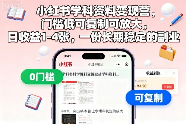 【精】小红书学科资料变现营,门槛低可复制可放大,日收益1-4张,一份长期稳定的副业 【精】小红书学科资料变现营,门槛低可复制可放大,日收益1-4张,一份长期稳定的副业