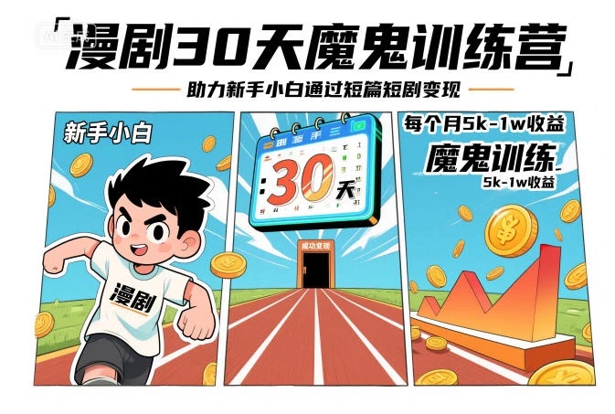 【精】漫剧30天魔鬼训练营，助力新手小白通过短篇短剧变现，每个月5k-1w收益