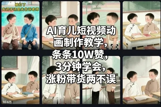 AI育儿短视频动画制作教学，条条10W赞，3分钟学会，涨粉带货两不误